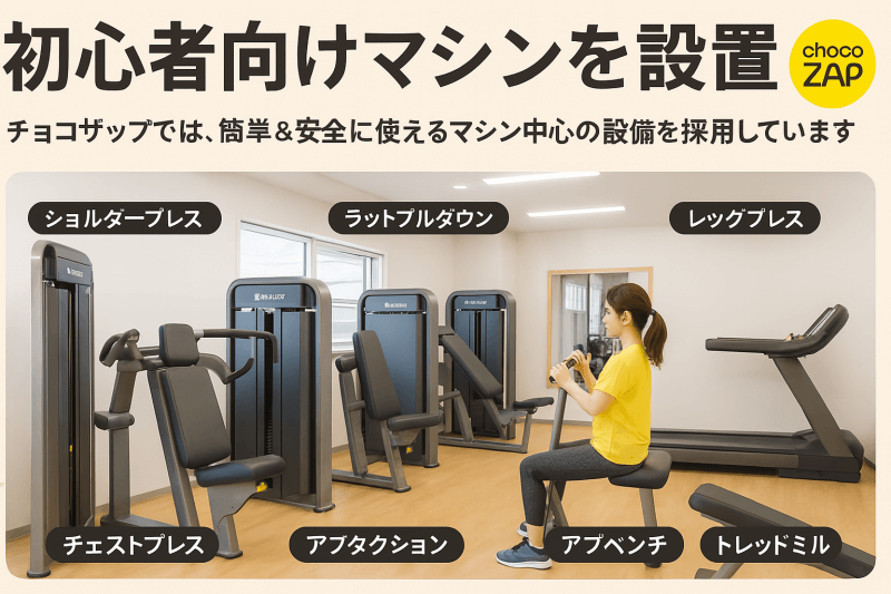 チョコザップはベンチプレスなどのフリーウエイトは置かず、初心者向けにマシンのみを設置している